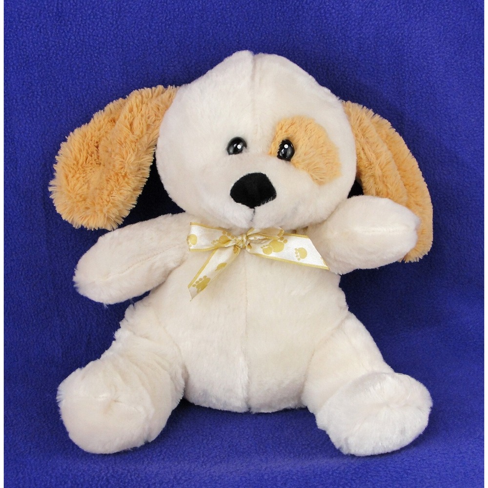 Kellytoy Puppy Dog Plush Beige Tan Eye Spot 11 Inch Paw Bow Stuffed Animal 2014